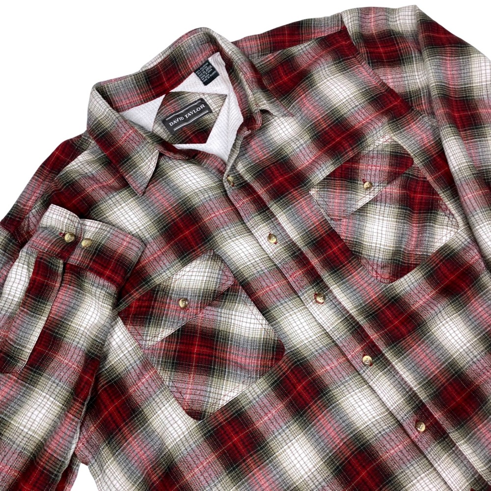 David Taylor Mens XL Flannel Shirt Shacket Thermal Lined Plaid Burgundy Tan Warm